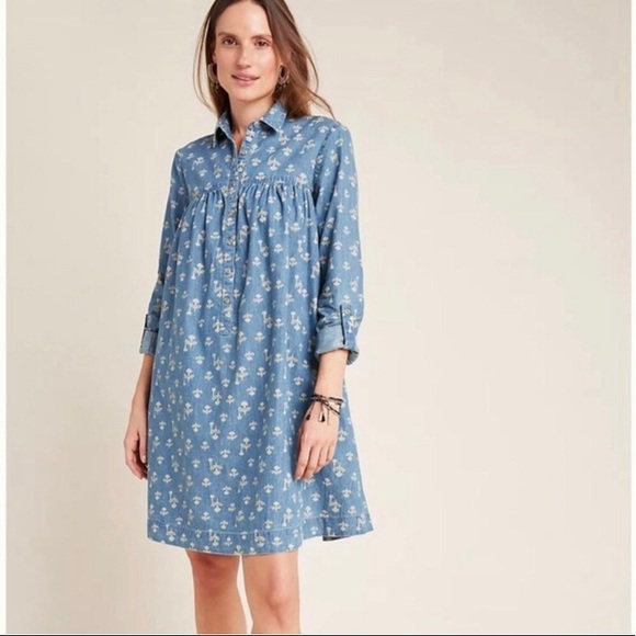 ANTHROPOLOGIE Pilcro &The Letterpress Blue Denim Long Sleeve Dress w/Pockets 2P - Picture 6 of 14